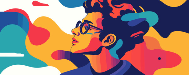 Colorful abstract portrait of a young man with glasses in modern art style - vector.