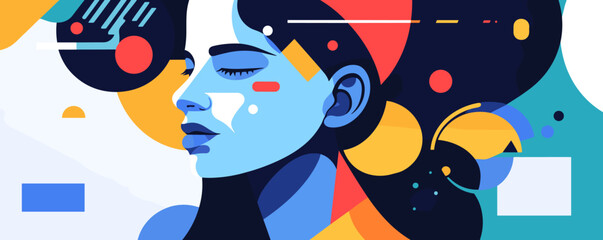 Abstract portrait of woman in geometric style with bold colors and shapes, vector.