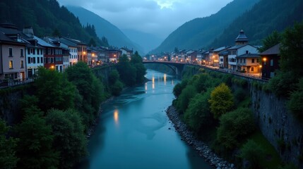 Fototapeta premium A detailed night photo of Rhine Gorge (Ruinaulta) in Switzerland, Europe, during rainy conditions, shot from above, showcasing the rain-soaked landscape and flowing river.