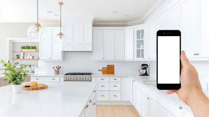 Professional kitchen remodel concept featuring a contractor inspecting a design blend of sketch and photo, ample white space for marketing integration