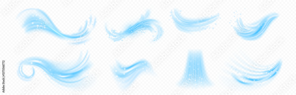 Poster Abstract wind with sparkles. Vector realistic cold air effect, magic vortex, light twirls with particles. Shimmering breeze, glowing current or gust. Draft, whiff or blowing with flickering