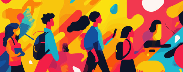 Colorful abstract cityscape with diverse people walking through vibrant background - vector.