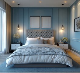 Cozy Minimalist Scandinavian Bedroom Design with Soft Natural Light and Grey Upholstered Headboard