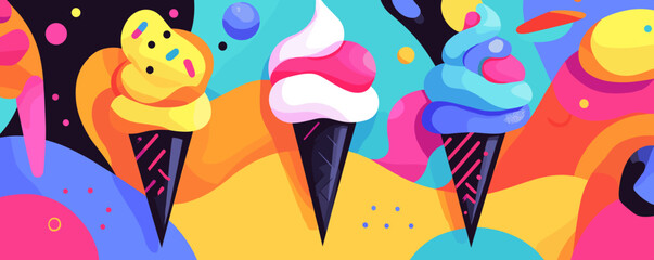 Colorful abstract ice cream cones on vibrant background – vector.