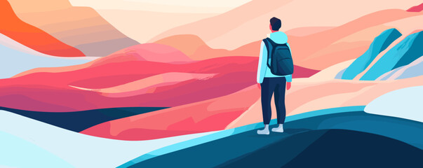 Obraz premium Adventurous explorer with backpack overlooks colorful mountain landscape - vector.