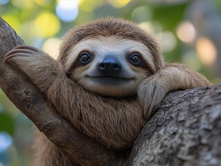 Fototapeta premium A charming sloth relaxing on a tree, captured in a stunning close-up. This adorable creature embodies tranquility and the slow pace of the rainforest.