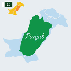 Editable flat vector illustration of Pakistan map with Punjab province highlighted and the national flag of Pakistan. The clean and minimal design is perfect for educational projects, political infogr