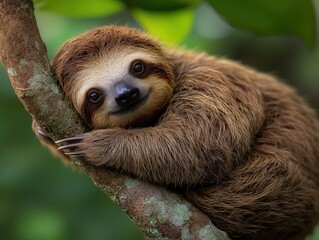 Fototapeta premium A charming sloth relaxing on a tree, captured in a stunning close-up. This adorable creature embodies tranquility and the slow pace of the rainforest.