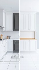 Blueprint to Kitchen Transformation, split-image showcasing a contractor amid a detailed kitchen evolution, ample top space for text, vibrant design elements, inviting atmosphere
