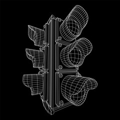 Traffic light with three lights. Wireframe low poly mesh vector illustration.