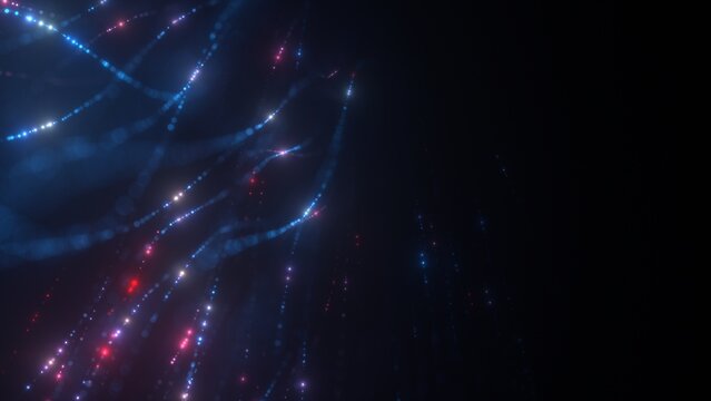 Futuristic glowing abstract blue and purple particle string background. AI network and advanced technology 3D illustration depicting neural networks, artificial intelligence and quantum computing.