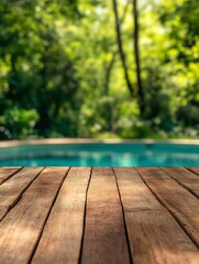 Fototapeta premium Relaxing Poolside Deck View with Lush Green Forest Backdrop in Summer