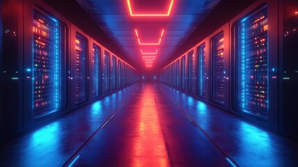 Futuristic Data Center Room with Abstract Servers and Glowing LED Lights for Big Data AI and Machine Learning Concept