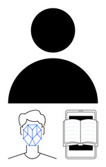 Simplistic user profile icon, digital face recognition illustration, open book on tablet. Ideal for identity, AI, technology, education, security profile management online learning. Flat simple