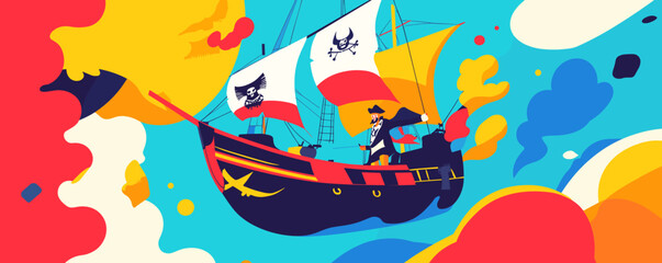 Obraz premium Colorful pirate ship adventure with captain sailing through vibrant clouds - vector.