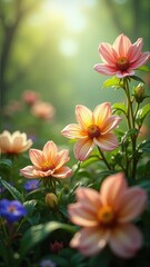 Sunlit pink and yellow dahlias in a lush garden setting.