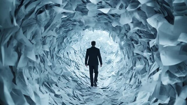 Video 4k A wave of office paper symbolizes bureaucracy and swallows a businessman. Bureaucracy dismantle - danger concept.