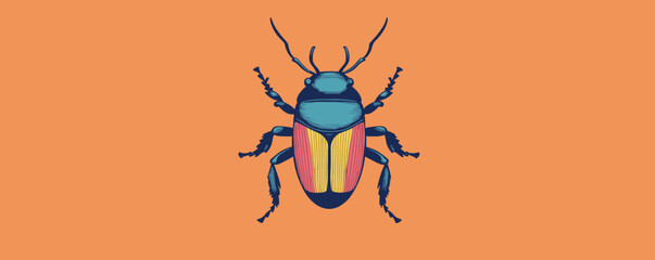 Colorful bug with blue and pink stripes on orange background, detailed insect art vector.