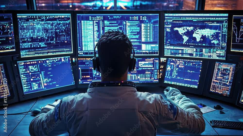 Poster astronaut working at a desk surrounded by multiple computer screens in a high-tech control room, ast