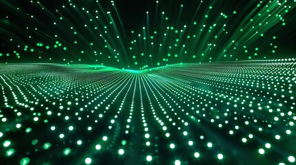This is an abstract image of a green glowing landscape. The surface is made up of many small dots of light, which are arranged in a wave-like pattern.