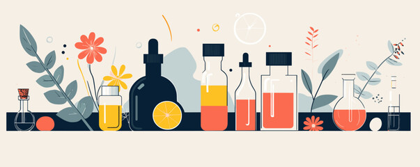 Naklejka premium Botanical laboratory with glass bottles and plants, abstract art design vector.