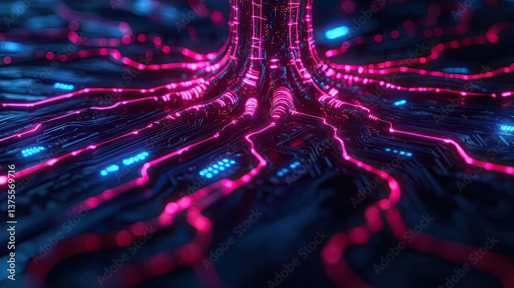 Poster cyberpunk biotech with high-tech futuristic plants concept. a vibrant abstract view of illuminated c