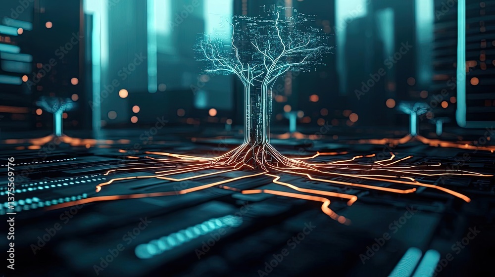Poster cyberpunk biotech with sci-fi high-tech plants concept. a futuristic tree emerges from a digital cir