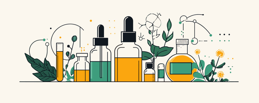 Botanical laboratory with glass bottles and greenery illustration - vector.