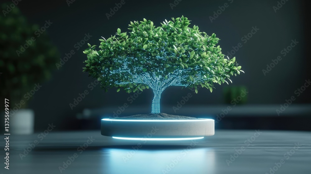 Poster cyberpunk biotech with digital plants innovation concept. a futuristic floating tree showcasing natu