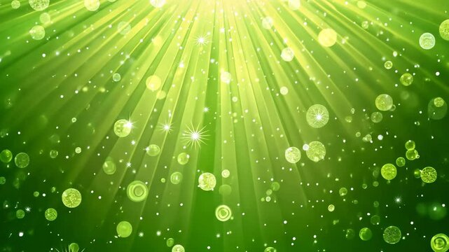 Bright green rays with sparkling circles create a magical atmosphere in a vibrant setting