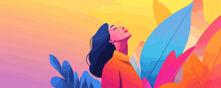 Vibrant woman amidst colorful leaves in a dreamy sunset landscape - vector.