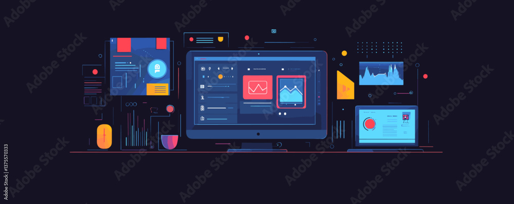 Poster modern dashboard interface with digital graphs and analytics on monitor and laptop screen, vector.