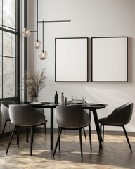 Minimalist Scandinavian Dining Room with Empty Frames and Modern Furniture