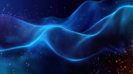 Futuristic Abstract Waveform Technology Background with Glowing Blue Neon Digital Particles and Smooth Flowing Lines