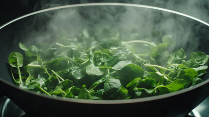 Freshly Cooked Spinach and Watercress in a Hot Wok