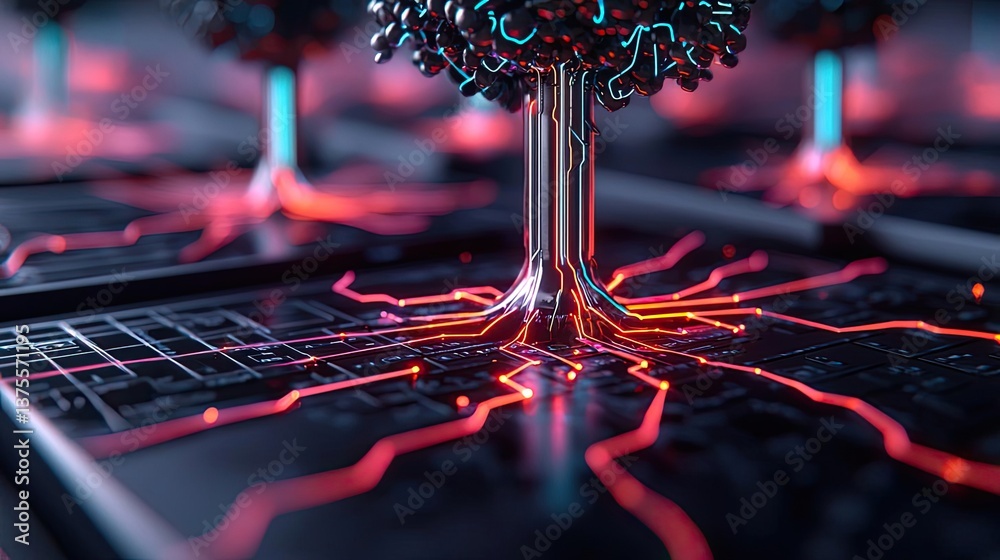 Poster Cyberpunk biotech with sci-fi high-tech plants concept. Futuristic tree with glowing circuits and technology integration.
