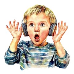 Amazed Toddler Boy Listening to Music with Headphones - Watercolor Illustration.