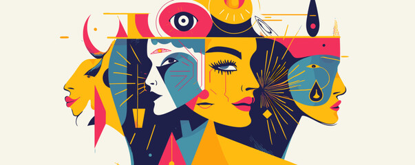 Abstract faces with surreal designs and geometric shapes - vector.