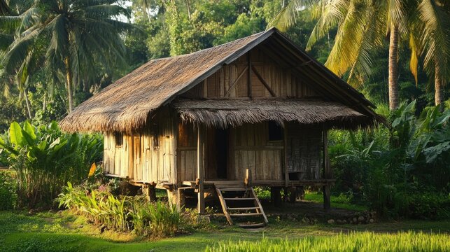 Bahay Kubo. Wooden Cabin in Nature, Rural Village Home in Bungalow Style