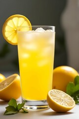 Fototapeta premium Iced lemonade in a glass with fresh yellow lemon. Beverage menu concept