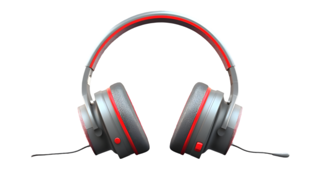 A gray and red gaming headset with a microphone isolated on a black background in a studio shot