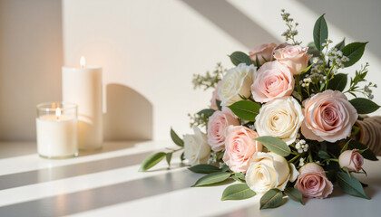 Romantic Bouquet with Candles on Table, Wedding Elegance