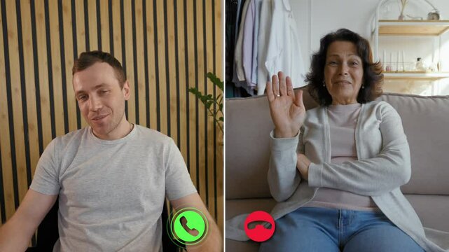 Two individuals enjoy a lively online conversation while using a split-screen format. The man is seated in front of a wooden background, and the woman sits comfortably on a couch.