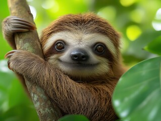Fototapeta premium A charming sloth relaxing on a tree, captured in a stunning close-up. This adorable creature embodies tranquility and the slow pace of the rainforest.
