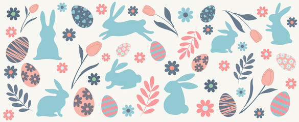 Easter colored horizontal background, chicken eggs with graphic pattern of flowers, rabbit. vector illustration for the Happy Easter holiday. Spring background for decoration.