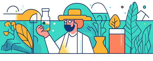 Obraz premium Farmer holding bottle with green landscape and plants in modern style - vector.