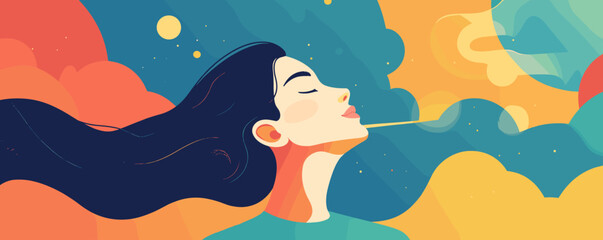 Serene woman breathing amid colorful clouds and abstract shapes, conceptual art vector.