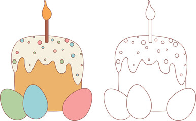 Easter cake with a candle and chicken eggs. vector illustration for the Happy Easter holiday. Spring background for decoration.
