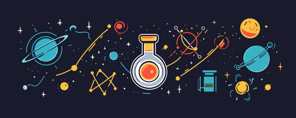 Obraz premium Colorful space elements and scientific objects with planets and stars on dark background - vector.
