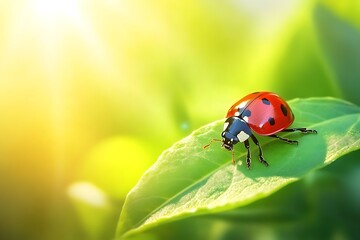 Fototapeta premium ladybug on green leaf
